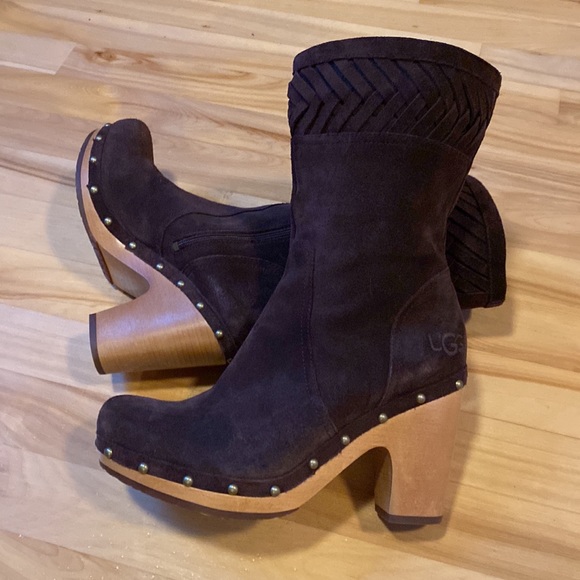 UGG Shoes - Like New UGG leather suede wooden heel boots, Women’s sized 9